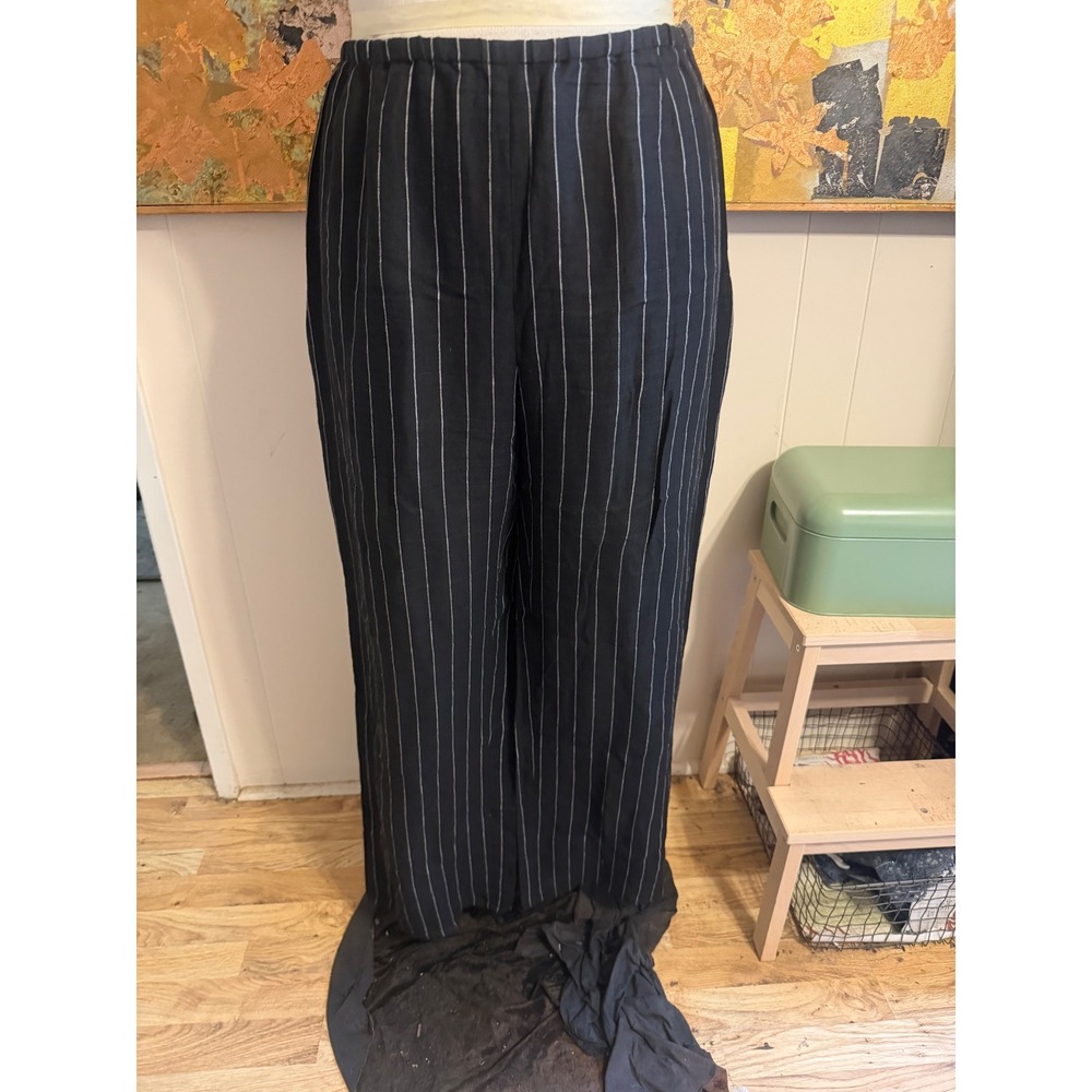 Hobbs London 100% Linen Pinstripe Wide Leg Trousers Elastic Waist Black 16